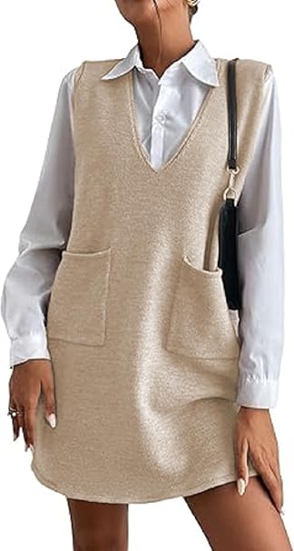 Women's V-Neck Sleeveless Knitted Solid Color Short Dress with Pockets