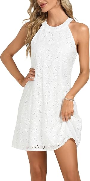 Women's Eyelet Embroidery Halter Neck Sleeveless Summer Tank Tunic Short Dress