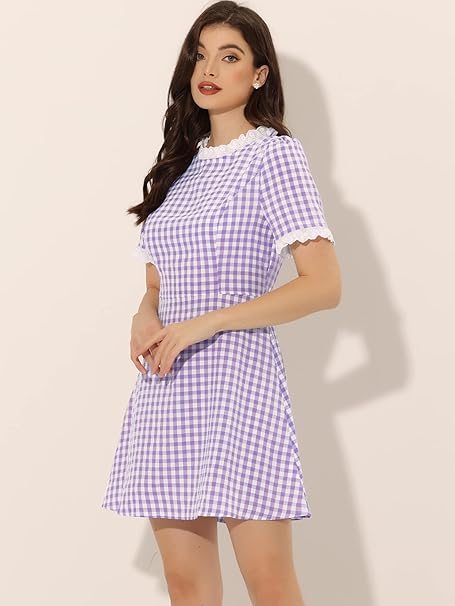 Women's Halloween Dorothy Dress Costume Summer Ruffle Neck Lace Panel Short Sleeve Check Gingham Dress