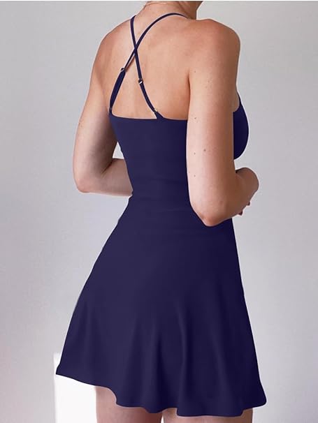 Women's Summer Casual Tennis Workout Spaghetti Strap Backless Mini Dress with Shorts