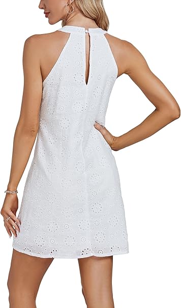 Women's Eyelet Embroidery Halter Neck Sleeveless Summer Tank Tunic Short Dress