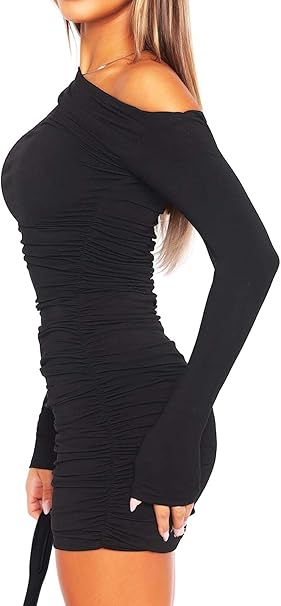 Women's Sexy Off Shoulde Long Sleeve Side Ruched Mini Dresses Bodycon Casual Club Party Cocktail Night Out Elegant Short Dresses