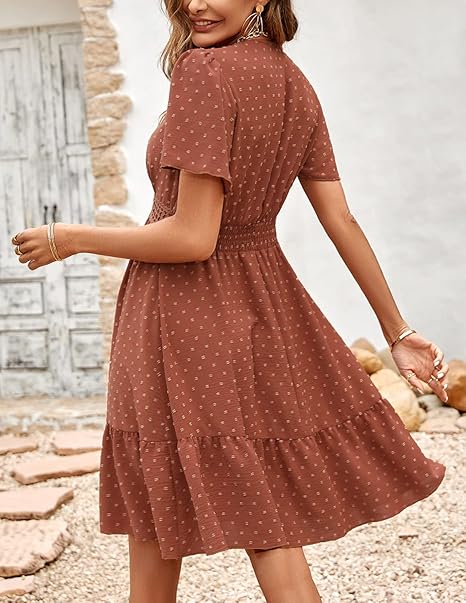 Women Summer Dress V Neck Elegant Short Sleeve High Waist Ruffles Dots A Line Mini Dresses