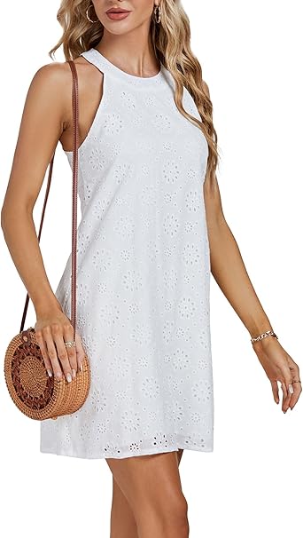 Women's Eyelet Embroidery Halter Neck Sleeveless Summer Tank Tunic Short Dress