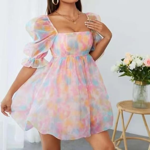 Mesh Tulle Dress for Women Puff Sleeve Mini Princess Dress Square Neck Prom Short Party Dress