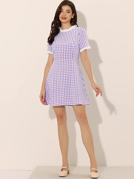 Women's Halloween Dorothy Dress Costume Summer Ruffle Neck Lace Panel Short Sleeve Check Gingham Dress