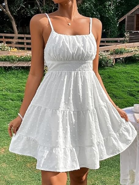 Women's Swiss Dots Sleeveless Ruched Bust Ruffle Hem Cami Short Dress