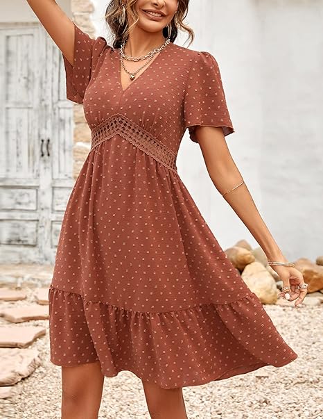 Women Summer Dress V Neck Elegant Short Sleeve High Waist Ruffles Dots A Line Mini Dresses
