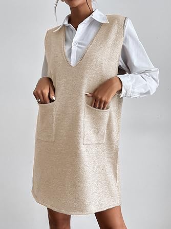 Women's V-Neck Sleeveless Knitted Solid Color Short Dress with Pockets