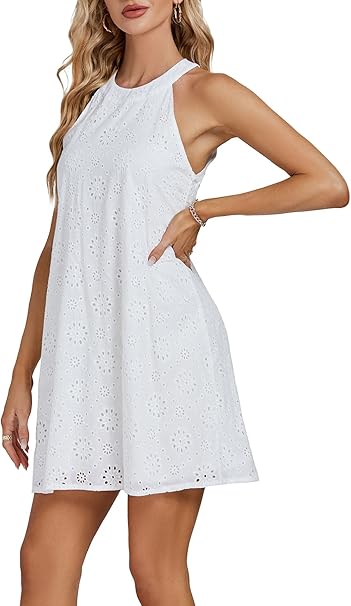 Women's Eyelet Embroidery Halter Neck Sleeveless Summer Tank Tunic Short Dress