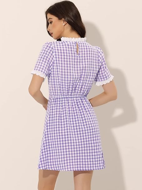 Women's Halloween Dorothy Dress Costume Summer Ruffle Neck Lace Panel Short Sleeve Check Gingham Dress
