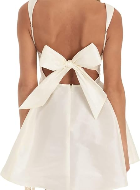 Women Sexy Backless Bow Knot Tie Back Stain Mini Dress Dress Ruffle Ruched Strap Flowy Short Dress