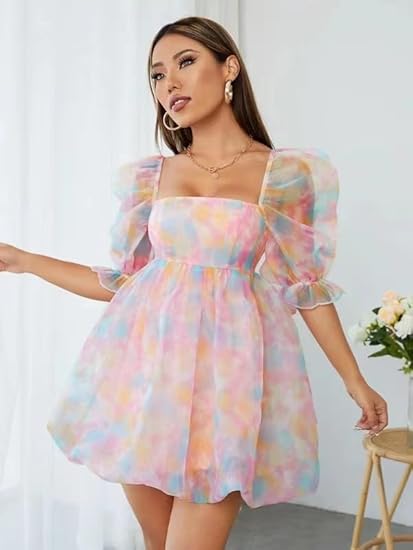Mesh Tulle Dress for Women Puff Sleeve Mini Princess Dress Square Neck Prom Short Party Dress