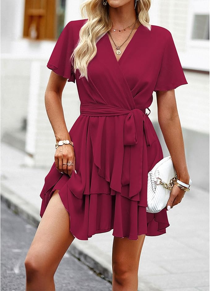 Women's Casual Dress Deep V-Neck Short Sleeve Waist Tie Ruffle Chiffon Elegant Mini Short Swing Skater Dresses