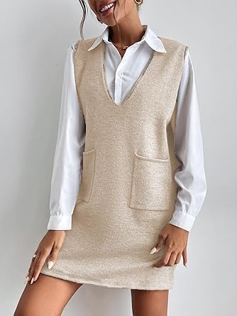 Women's V-Neck Sleeveless Knitted Solid Color Short Dress with Pockets
