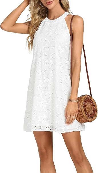 Women's Eyelet Embroidery Halter Neck Sleeveless Summer Tank Tunic Short Dress