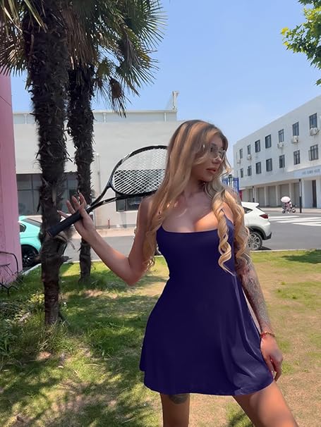Women's Summer Casual Tennis Workout Spaghetti Strap Backless Mini Dress with Shorts