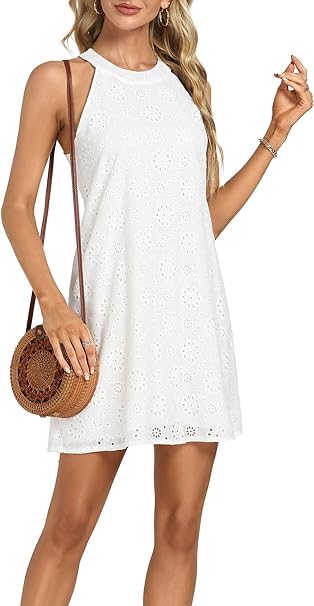 Women's Eyelet Embroidery Halter Neck Sleeveless Summer Tank Tunic Short Dress