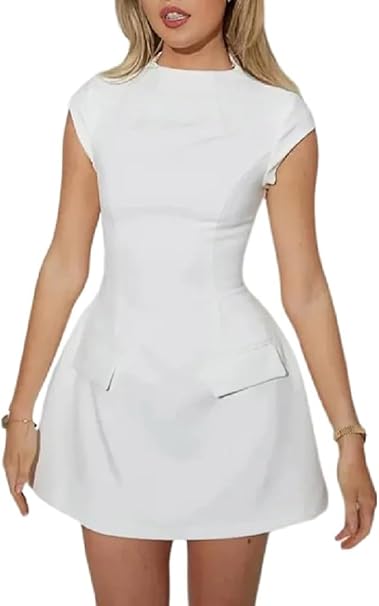 Women's Elegant Pockets Mini Dress Short Sleeve Mock Turtle Neck A Line Tank Short Dresses Bodycon for Party Cocktail