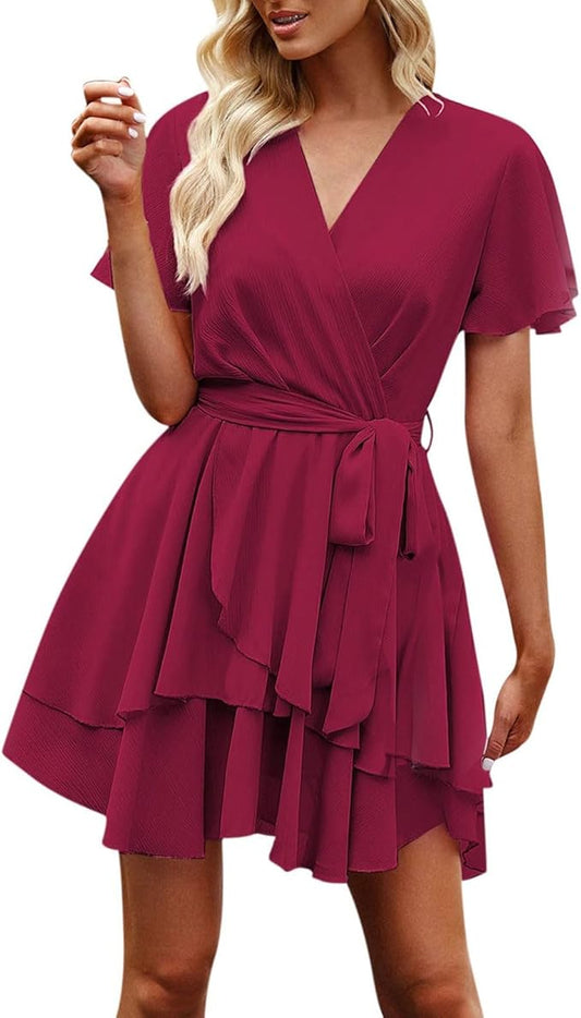 Women's Casual Dress Deep V-Neck Short Sleeve Waist Tie Ruffle Chiffon Elegant Mini Short Swing Skater Dresses