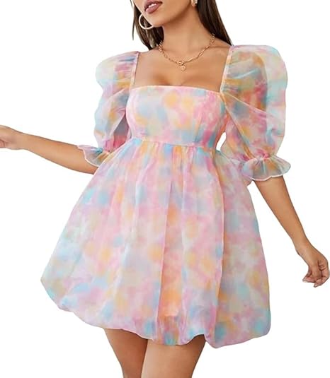 Mesh Tulle Dress for Women Puff Sleeve Mini Princess Dress Square Neck Prom Short Party Dress