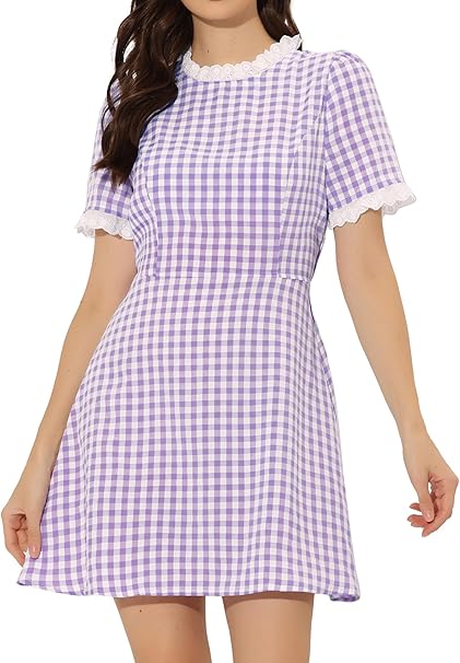 Women's Halloween Dorothy Dress Costume Summer Ruffle Neck Lace Panel Short Sleeve Check Gingham Dress