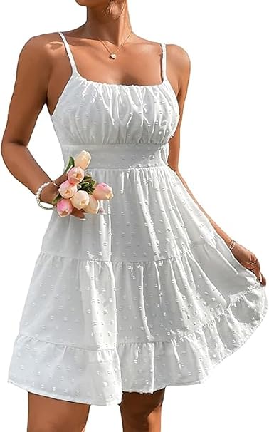 Women's Swiss Dots Sleeveless Ruched Bust Ruffle Hem Cami Short Dress