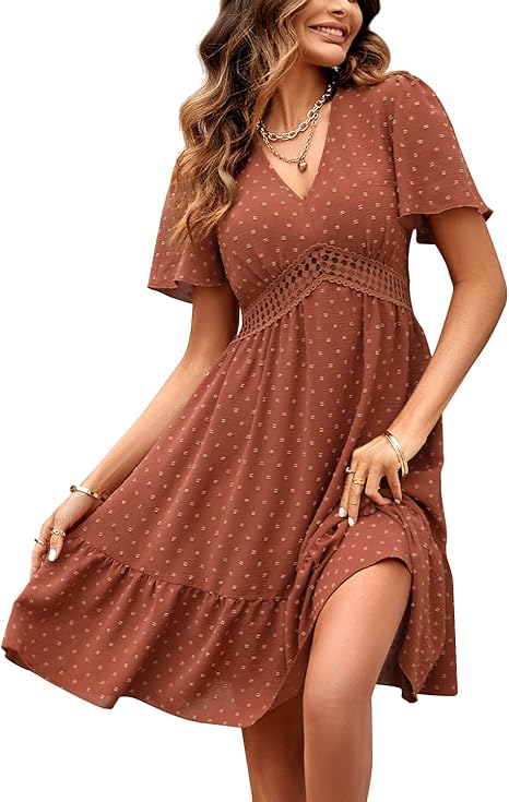 Women Summer Dress V Neck Elegant Short Sleeve High Waist Ruffles Dots A Line Mini Dresses