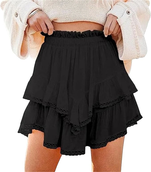 Flowy Shorts for Women Casual Boho Ruffle Tiered Skorts High Waist Mini Skirts Golf Tennis Crochet Shorts Summer Trendy