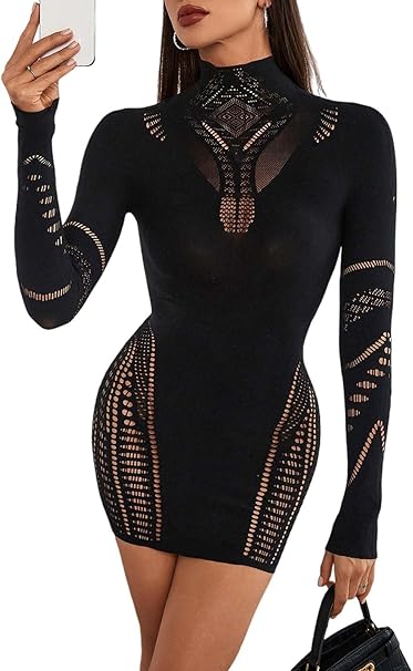 Womens Sexy Seamless Mesh Mock Neck Long Sleeve Mini Dress Hollow Out Bodycon Club Party Short Dresses