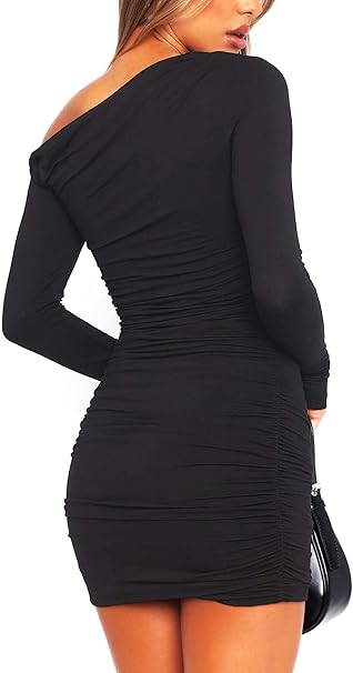 Women's Sexy Off Shoulde Long Sleeve Side Ruched Mini Dresses Bodycon Casual Club Party Cocktail Night Out Elegant Short Dresses