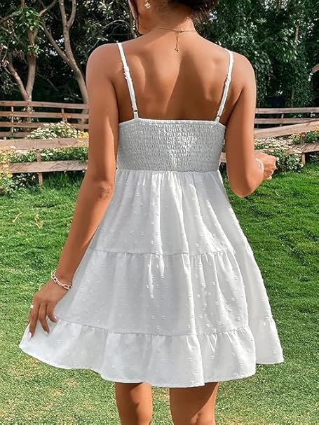 Women's Swiss Dots Sleeveless Ruched Bust Ruffle Hem Cami Short Dress