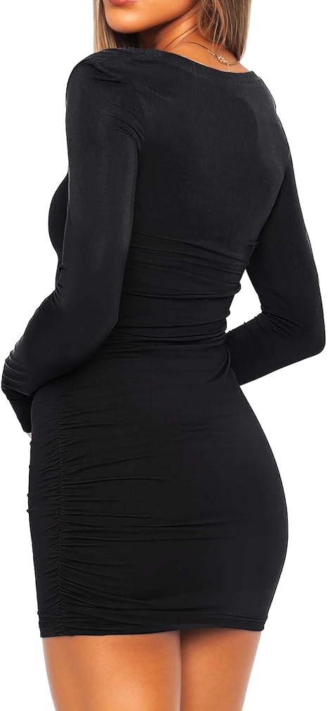Women's Mini Dresses Long Sleeve Side Ruched Square Neck Sexy Low-Cut Bodycon Casual Club Party Cocktail Night Out Elegant Short Dresses