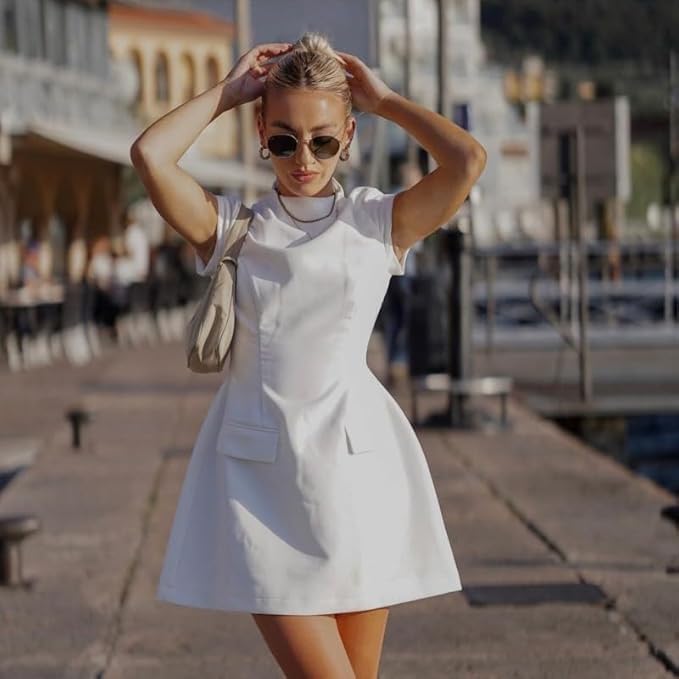 Women's Elegant Pockets Mini Dress Short Sleeve Mock Turtle Neck A Line Tank Short Dresses Bodycon for Party Cocktail