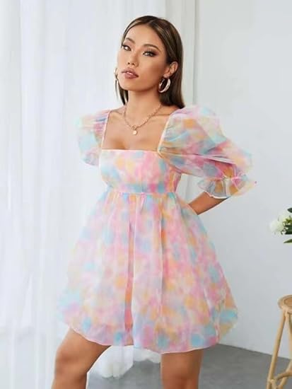 Mesh Tulle Dress for Women Puff Sleeve Mini Princess Dress Square Neck Prom Short Party Dress