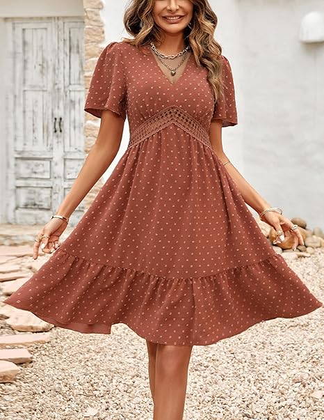 Women Summer Dress V Neck Elegant Short Sleeve High Waist Ruffles Dots A Line Mini Dresses