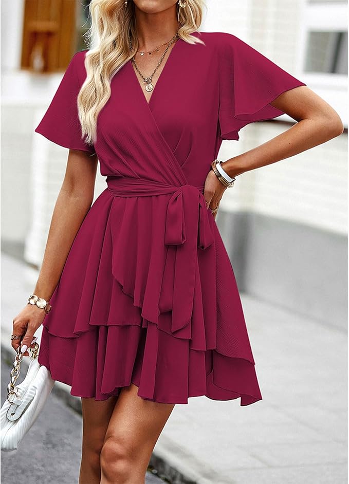 Women's Casual Dress Deep V-Neck Short Sleeve Waist Tie Ruffle Chiffon Elegant Mini Short Swing Skater Dresses