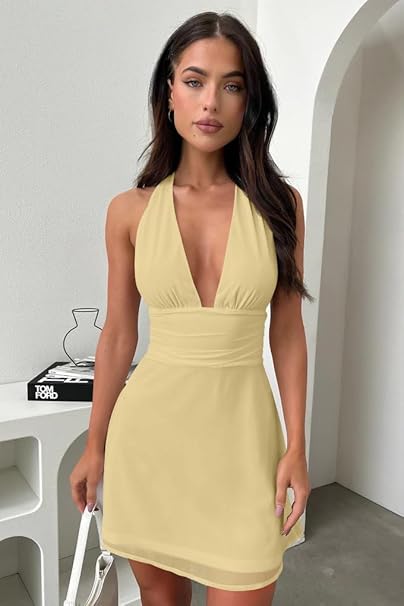 Women's Halter Deep V Neck Flowy Chiffon Bow Tie Backless Summer Mini Dress