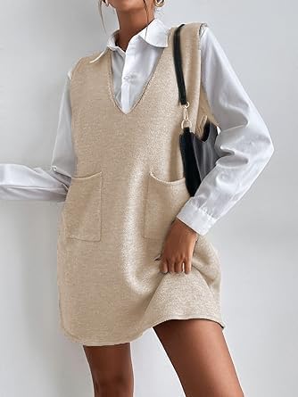 Women's V-Neck Sleeveless Knitted Solid Color Short Dress with Pockets