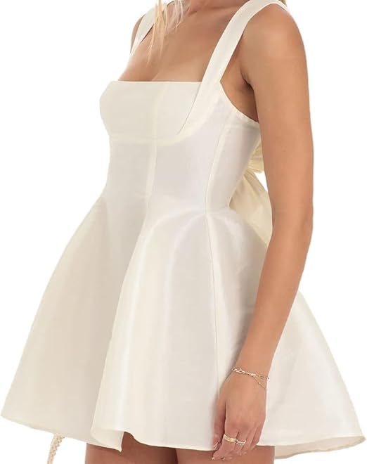 Women Sexy Backless Bow Knot Tie Back Stain Mini Dress Dress Ruffle Ruched Strap Flowy Short Dress