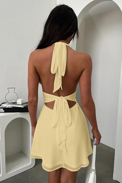 Women's Halter Deep V Neck Flowy Chiffon Bow Tie Backless Summer Mini Dress