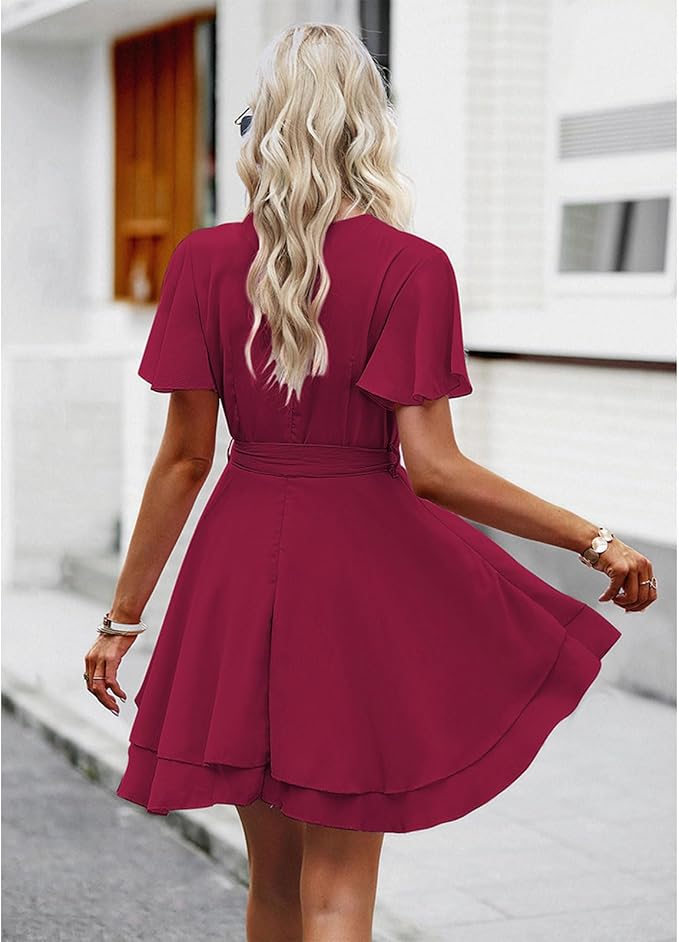 Women's Casual Dress Deep V-Neck Short Sleeve Waist Tie Ruffle Chiffon Elegant Mini Short Swing Skater Dresses