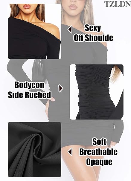Women's Sexy Off Shoulde Long Sleeve Side Ruched Mini Dresses Bodycon Casual Club Party Cocktail Night Out Elegant Short Dresses