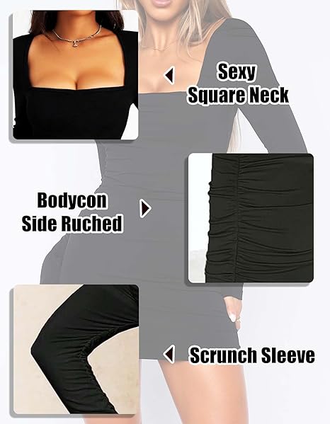 Women's Mini Dresses Long Sleeve Side Ruched Square Neck Sexy Low-Cut Bodycon Casual Club Party Cocktail Night Out Elegant Short Dresses