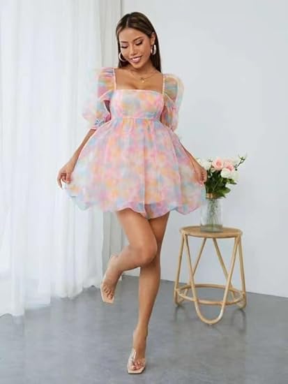 Mesh Tulle Dress for Women Puff Sleeve Mini Princess Dress Square Neck Prom Short Party Dress