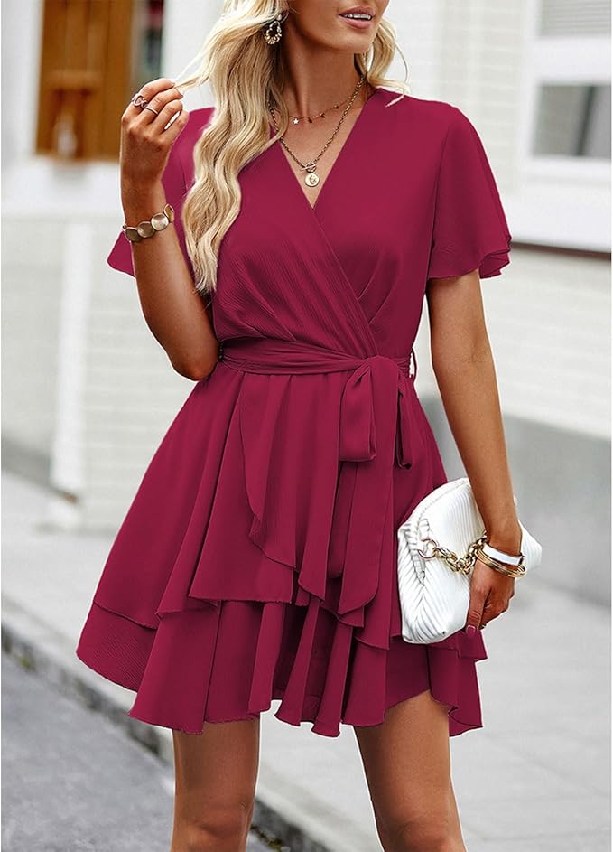 Women's Casual Dress Deep V-Neck Short Sleeve Waist Tie Ruffle Chiffon Elegant Mini Short Swing Skater Dresses