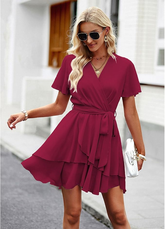 Women's Casual Dress Deep V-Neck Short Sleeve Waist Tie Ruffle Chiffon Elegant Mini Short Swing Skater Dresses