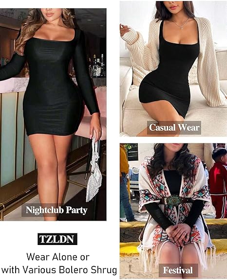 Women's Mini Dresses Long Sleeve Side Ruched Square Neck Sexy Low-Cut Bodycon Casual Club Party Cocktail Night Out Elegant Short Dresses