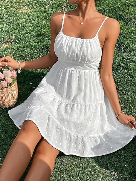Women's Swiss Dots Sleeveless Ruched Bust Ruffle Hem Cami Short Dress