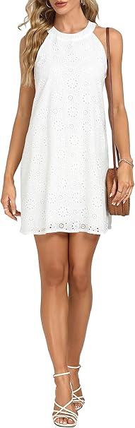 Women's Eyelet Embroidery Halter Neck Sleeveless Summer Tank Tunic Short Dress
